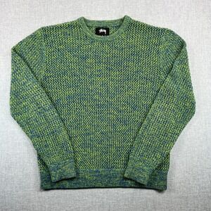 Stussy Two Tone Loose Gauge Sweater Men XL Lime Blue Open Knit Cotton Streetwear